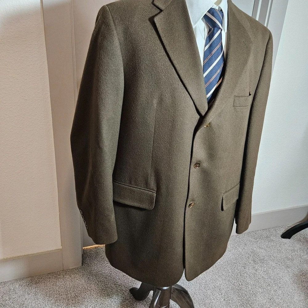 Bill Blass 44R 100% Cashmere Suit Blazer Jacket Sport Coat Men Dark‎ Olive Green